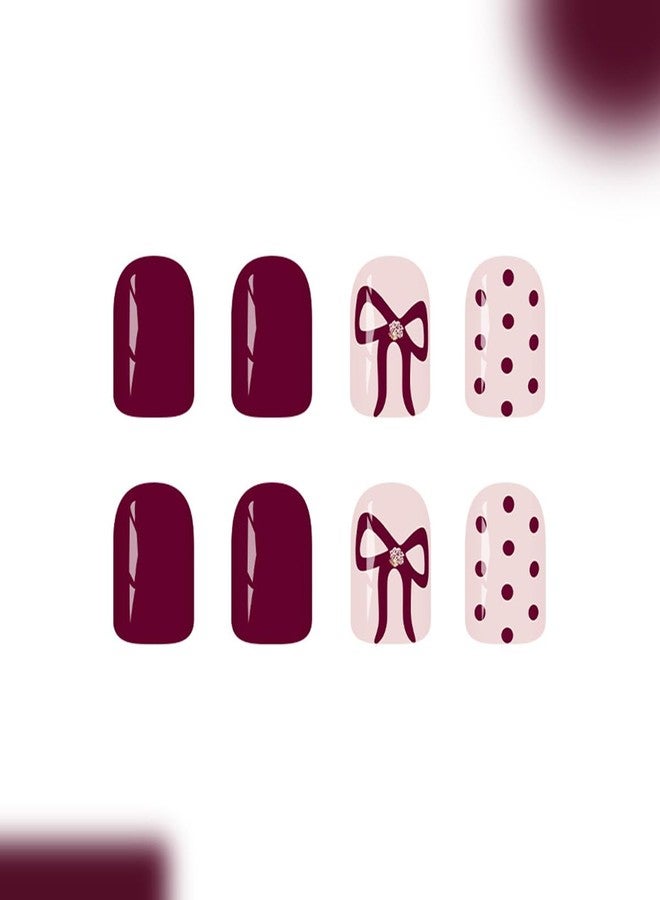 OSTTMA Wine Red Press on Nails Short Square Fake Nails with Polka Dot Bow Designs Cute Polka Dots False Nail Full Cover Bow Glue on Nails Acrylic Stick on Nail for Women Manicure Decoration 24Pcs - Image 4